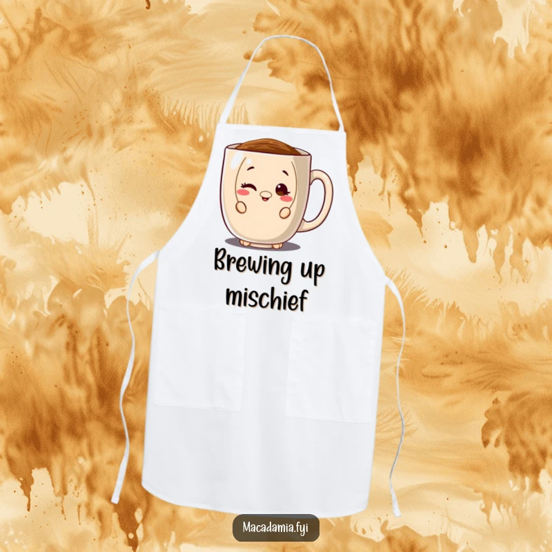 Funny apron with a macadamia nut character peeking from behind a large coffee mug, winking playfully, perfect for coffee brewing fun.