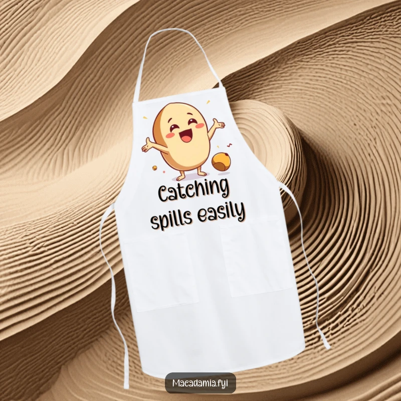 Funny Catch Nut Apron with an excited macadamia nut, arms outstretched, joyfully catching a falling nut, a motivational kitchen essential.