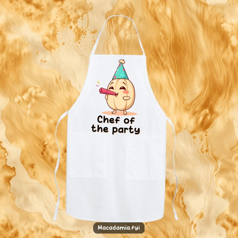 Funny Party Nut Apron with a macadamia nut in a party hat blowing a noisemaker with exaggerated joy, perfect for festive cooking.