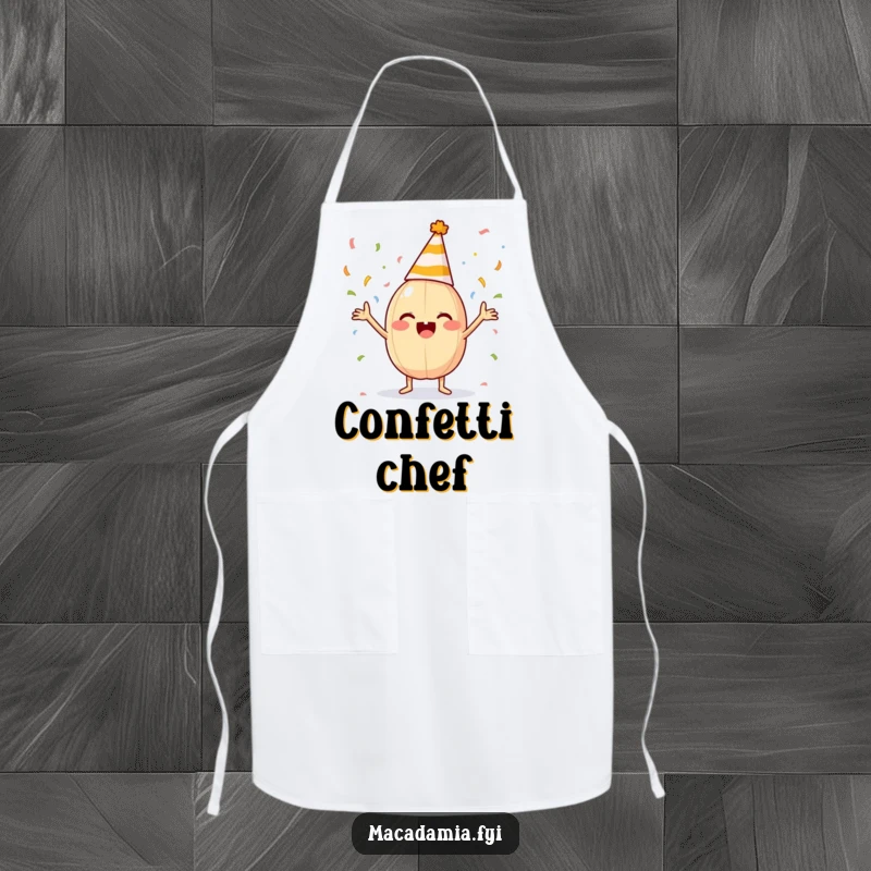 Funny macadamia nut with a party hat excitedly tosses confetti on a kitchen apron, ready to celebrate.