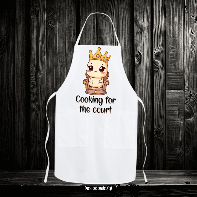 Funny apron featuring a macadamia nut king in a crown, sitting proudly on a tiny throne, ready to oversee delicious meals.
