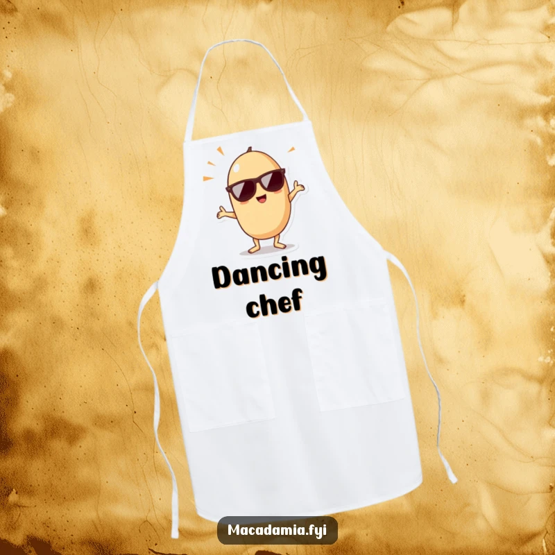 Funny kawaii macadamia nut wearing sunglasses and doing a dance pose, perfect for this humorous cooking apron.