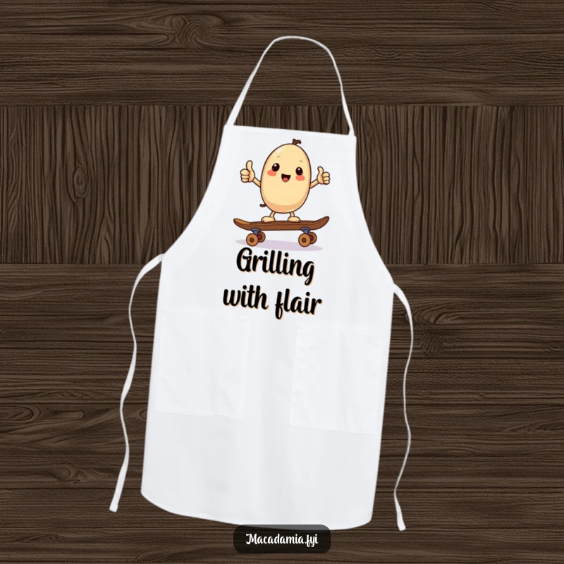 Funny apron with a kawaii macadamia nut giving a thumbs up while balancing on a skateboard, ready for kitchen fun with cool, humorous flair.