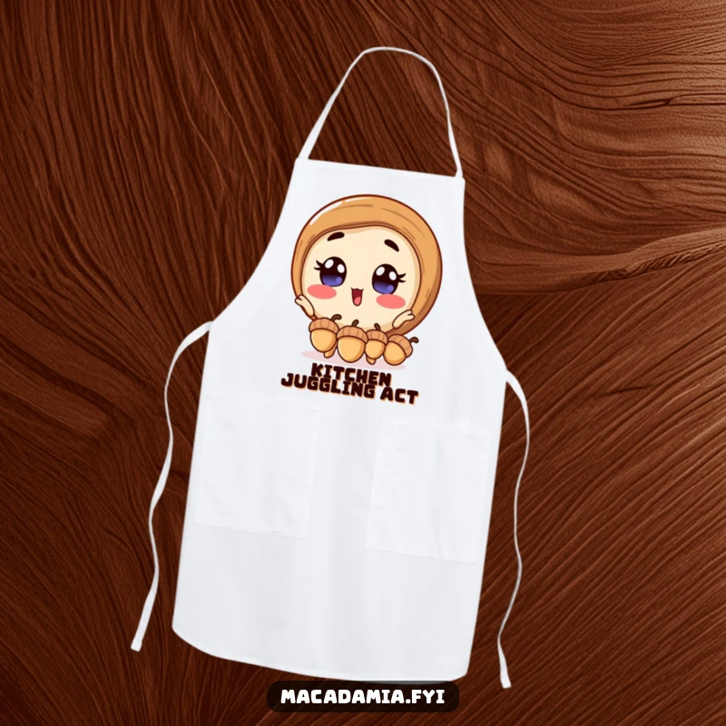 Funny macadamia nut apron showcasing an excited macadamia nut with wide eyes, juggling acorns, adding humorous charm to cooking.
