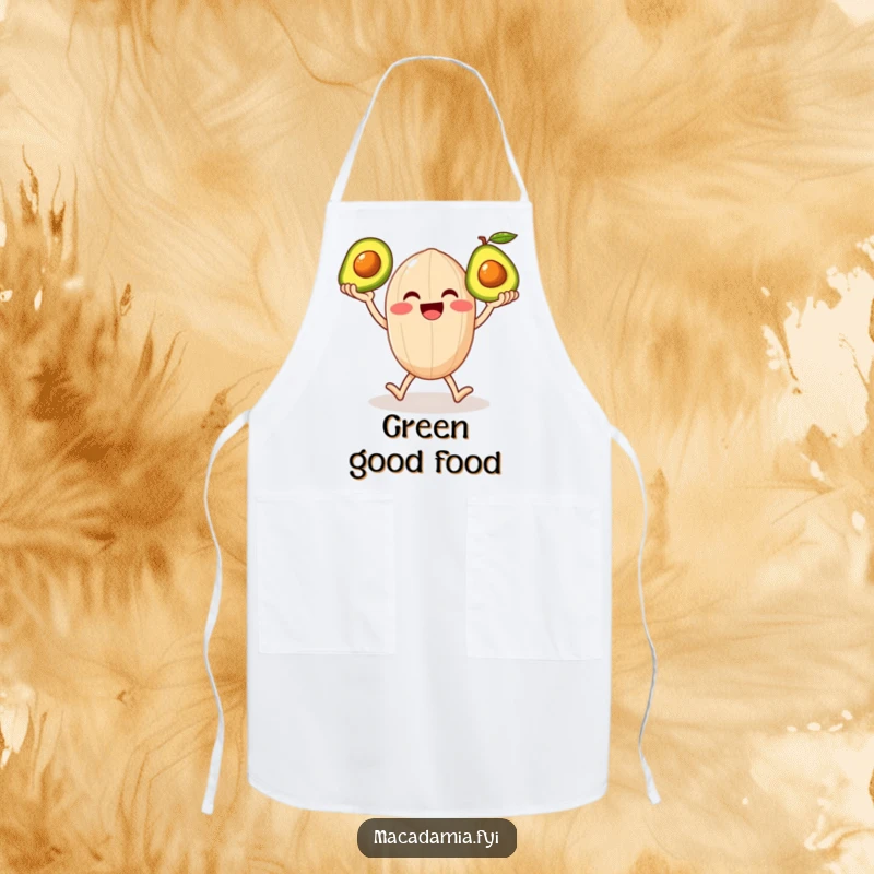 Funny apron with a smiling macadamia nut character on legs happily juggling three shiny avocados, ready for kitchen adventures.
