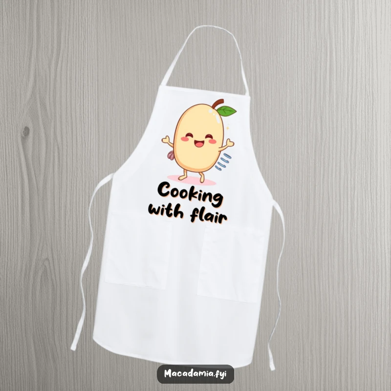 Funny Macadamia Nut Dancer Apron: A cheerful macadamia nut with a spring doing a lively dance, making kitchen tasks more enjoyable and funny.