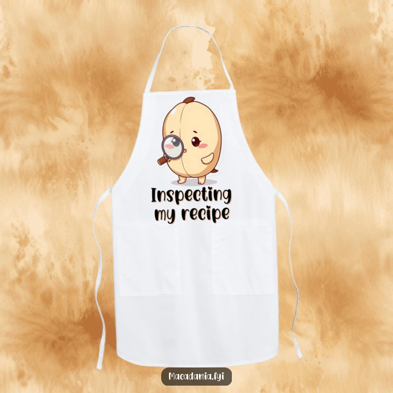 Funny macadamia nut character inspecting a tiny detail with a magnifying glass on a functional apron.