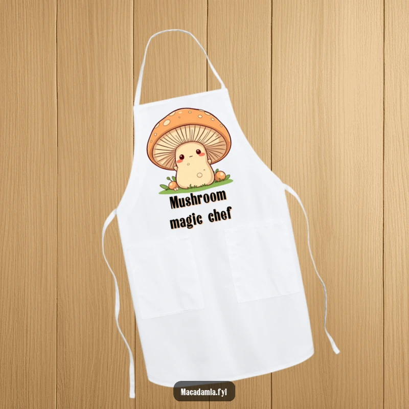 Funny macadamia nut character peeking from behind a large mushroom on a cute and functional apron.