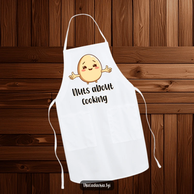 Funny macadamia nut character shrugging hands up while wearing an apron, ready for humorous kitchen adventures.