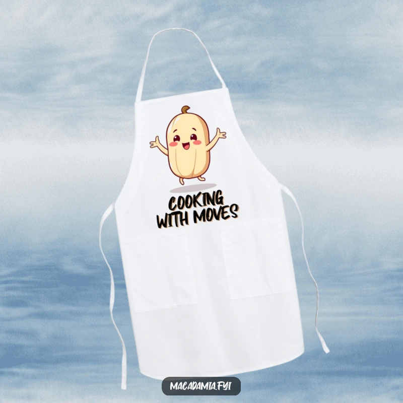 Funny Nut Apron: A macadamia nut character dances with arms flailing joyfully, making this a humorous and practical kitchen item.