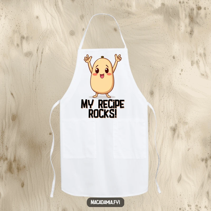 Funny macadamia nut character doing a triumphant dance on a kitchen apron, arms raised high in celebration, a fun funny gift.