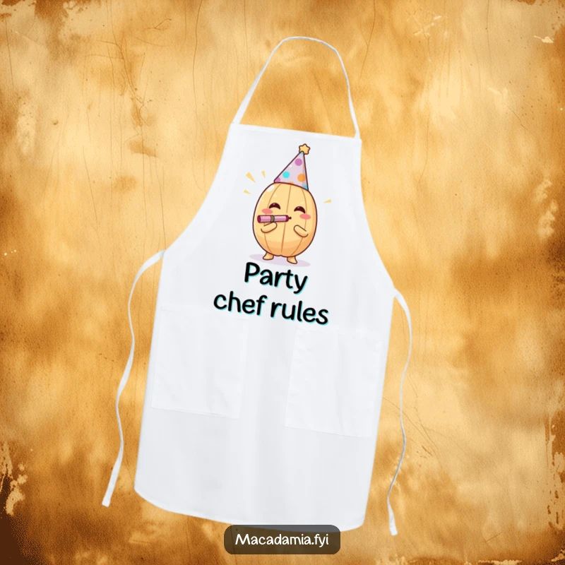 Funny macadamia nut with party hat blowing noisemaker on a kitchen apron, looking ready to party, a funny gift.