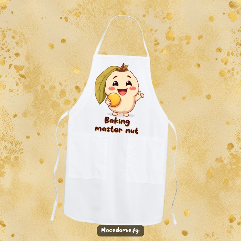 Funny apron showcasing a macadamia nut character with a triumphant grin, holding a golden macadamia nut, ideal for humorous and nutty cooking.