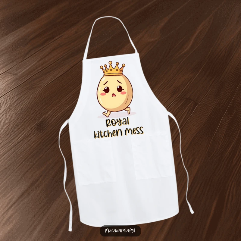Funny macadamia nut apron showing a crowned character tripping with a surprised expression, perfect for a humorous cook.