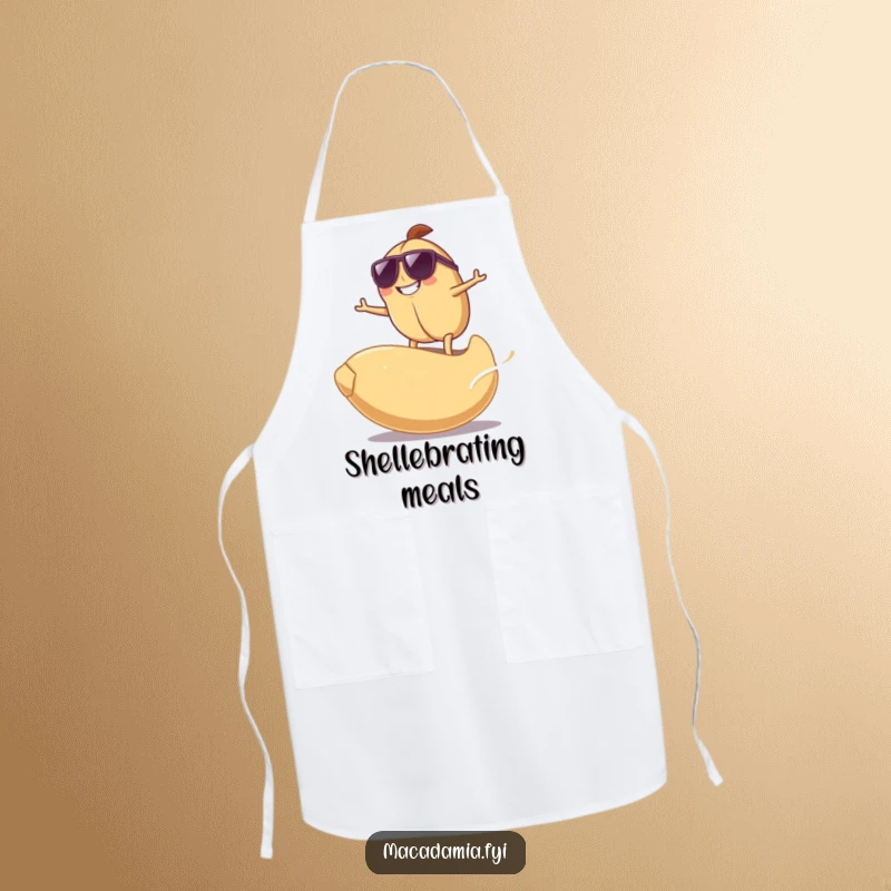 Funny Surfing Nut Apron with a grinning macadamia nut wearing sunglasses, surfing on a giant cashew nut, perfect for BBQ fun.