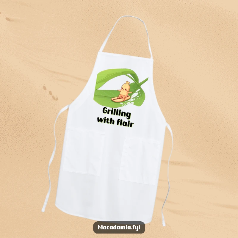 Funny Macadamia Nut character surfing a giant green leaf in a gentle breeze, perfect for humorous kitchen use and cooking.