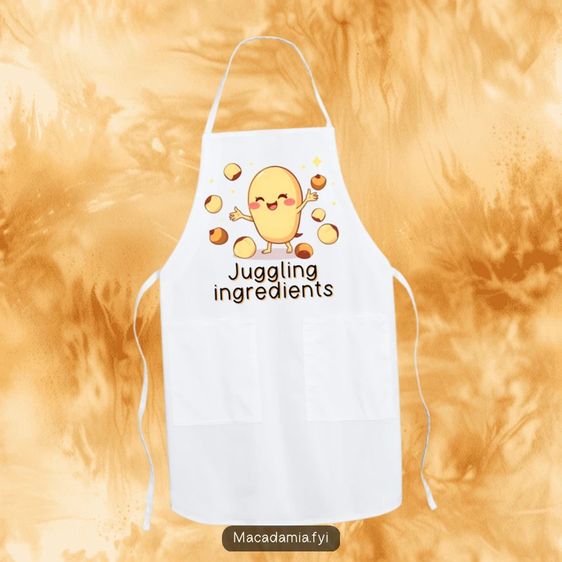 Funny macadamia nut apron showing a cheerful character juggling shiny nuts, ready to whip up a culinary masterpiece.