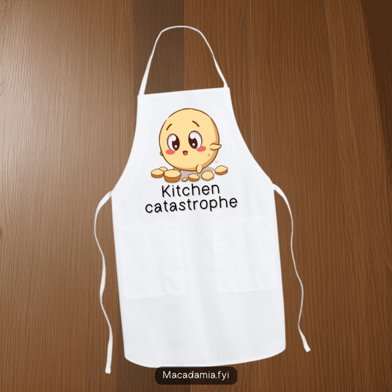 Funny Macadamia Nut Apron: A macadamia nut with wide eyes trips, scattering shell pieces, perfect for kitchen humor.