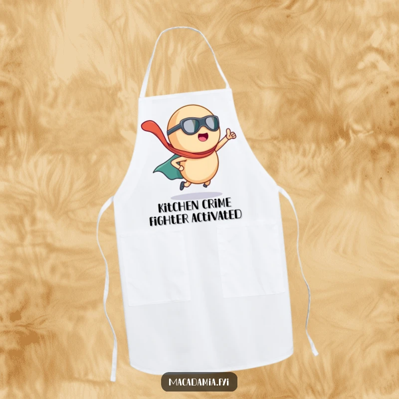 Funny macadamia nut superhero with a billowing cape, ready for action on a durable apron for kitchen heroism.