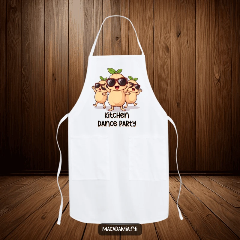 Funny macadamia nuts wearing sunglasses and dancing, printed on a functional and humorous kitchen apron.