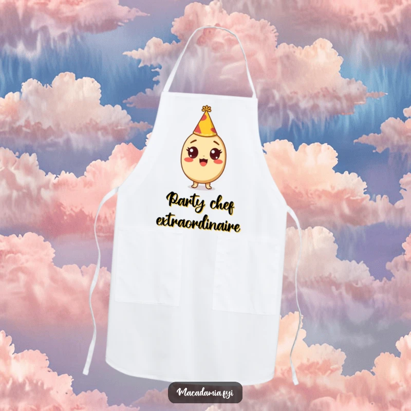 Funny apron design with a macadamia nut character with wide, excited eyes wearing a tiny party hat, ready for kitchen festivities.