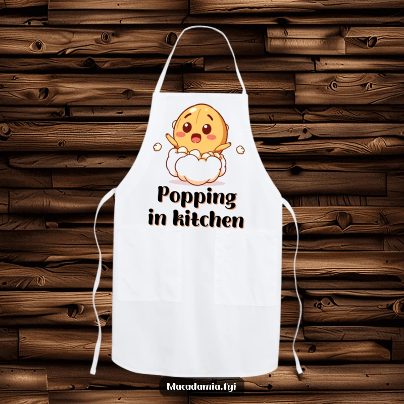 Funny apron showcasing a macadamia nut character bursting from a popcorn kernel with a surprised grin, perfect for the fun-loving cook.