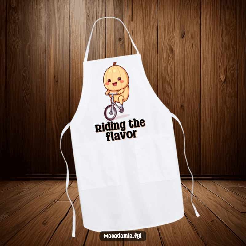 Funny kawaii macadamia nut riding a tiny unicycle with a big smile, perfect for this humorous cooking apron.