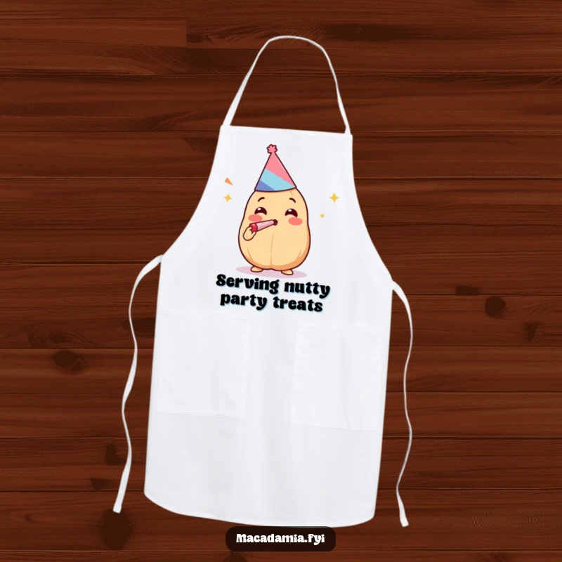 Funny Kawaii macadamia nut wearing a party hat and holding a noisemaker while on a kitchen apron.