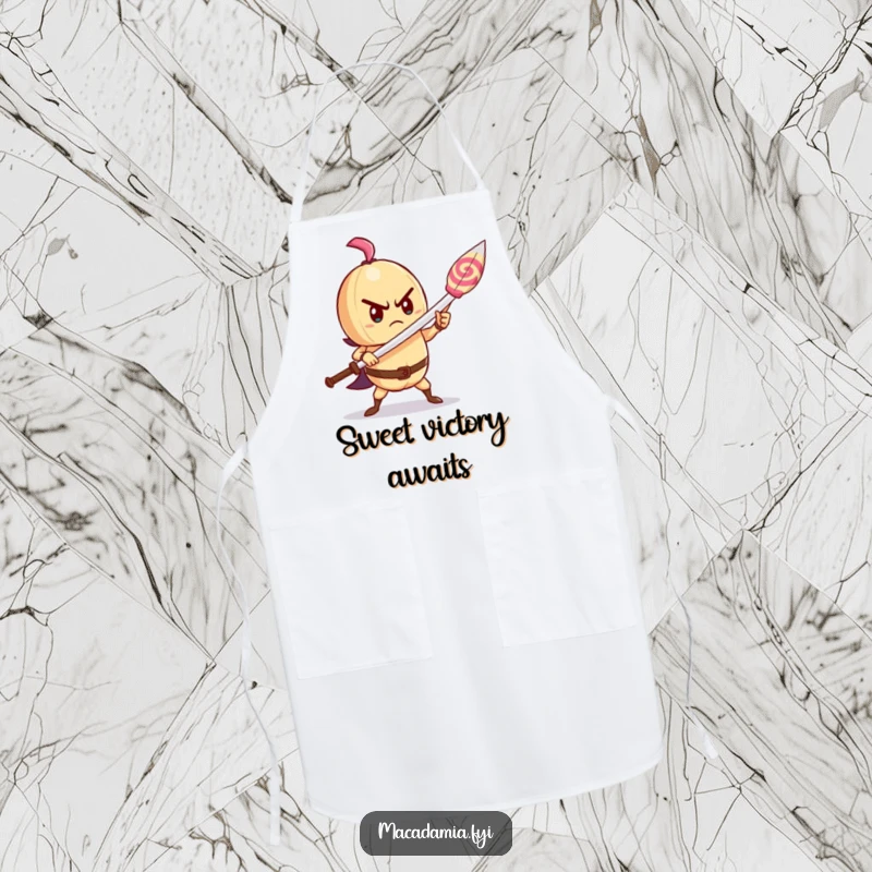 Funny macadamia nut apron showing a determined character wielding a lollipop as a sword, perfect for a brave cook.