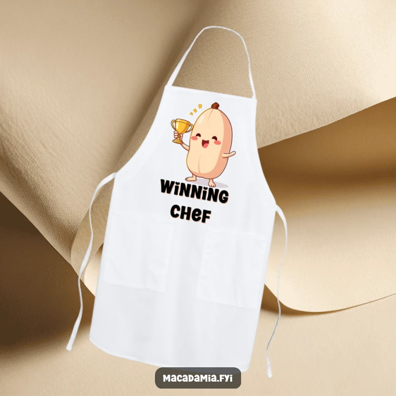 Funny macadamia nut apron showing a triumphant character holding a tiny trophy, ready to cook up a storm.