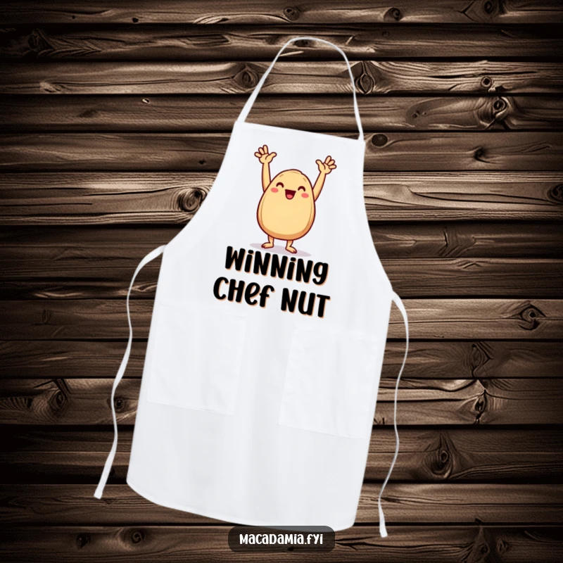 Funny Macadamia Nut Apron showing a happy nut doing a triumphant dance, celebrating cooking achievements.
