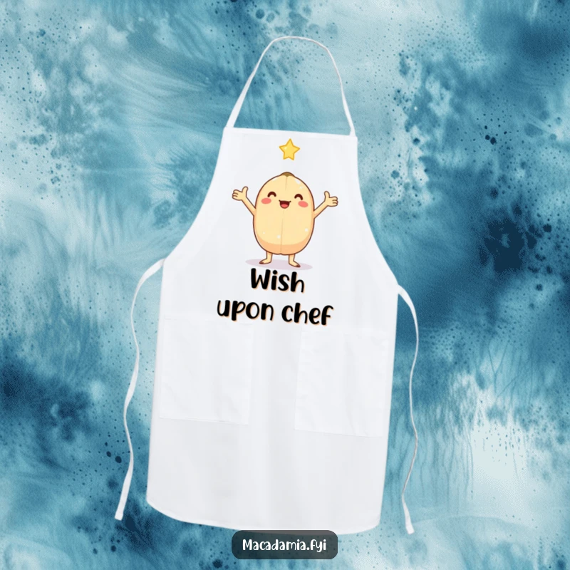 Funny kawaii macadamia nut with arms outstretched, catching a falling star, perfect for this humorous cooking apron.