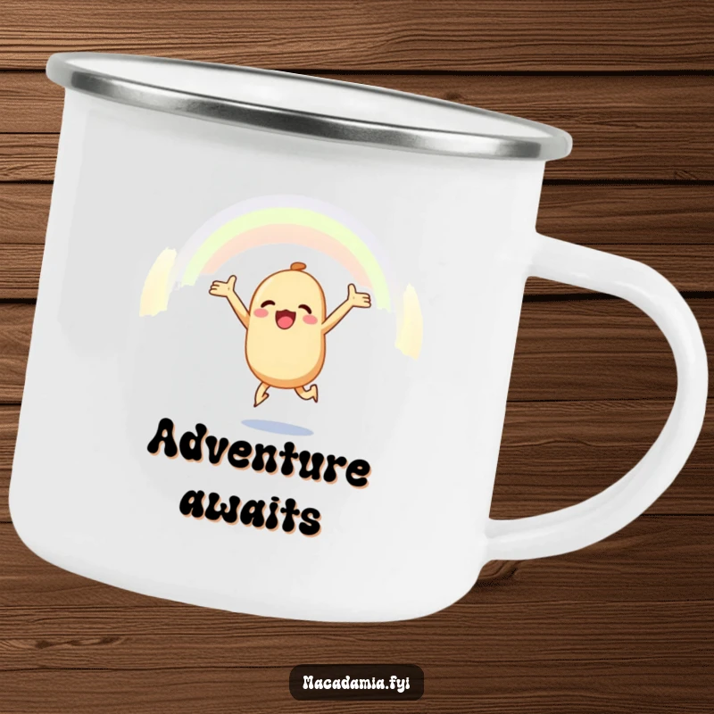 Funny macadamia nut camping mug featuring a joyful macadamia nut leaping towards a rainbow, perfect for outdoor drinks with an inspirational design.