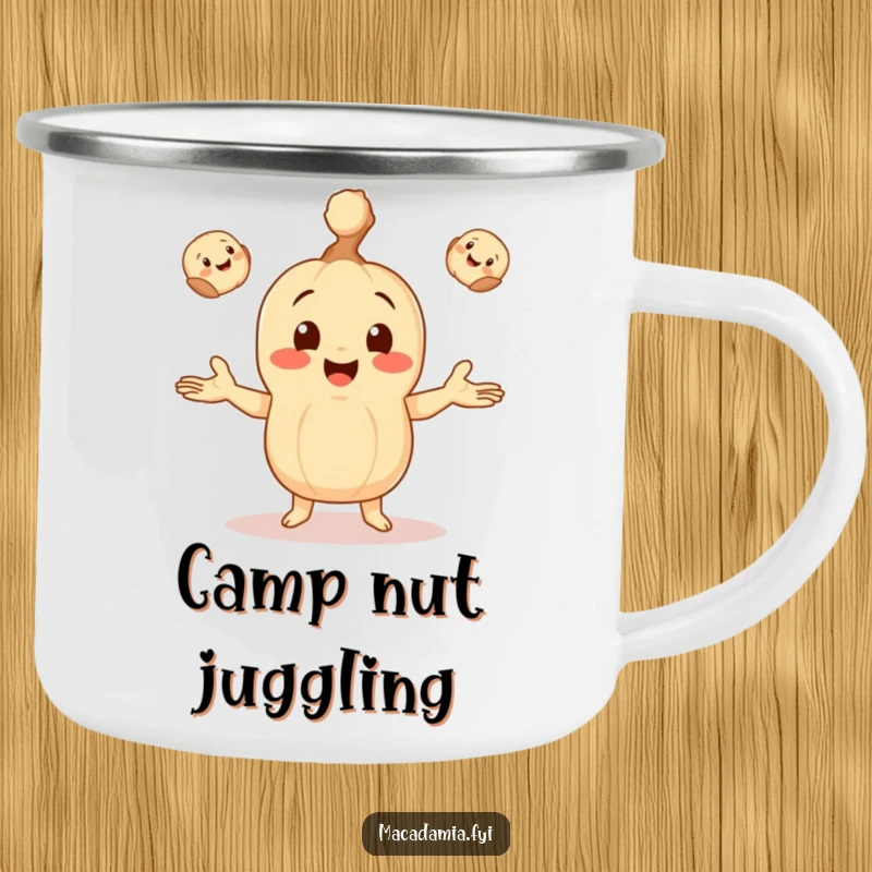 Funny camping mug featuring a macadamia nut character happily juggling three tiny, smiling macadamia nuts, ideal for outdoor enthusiasts.