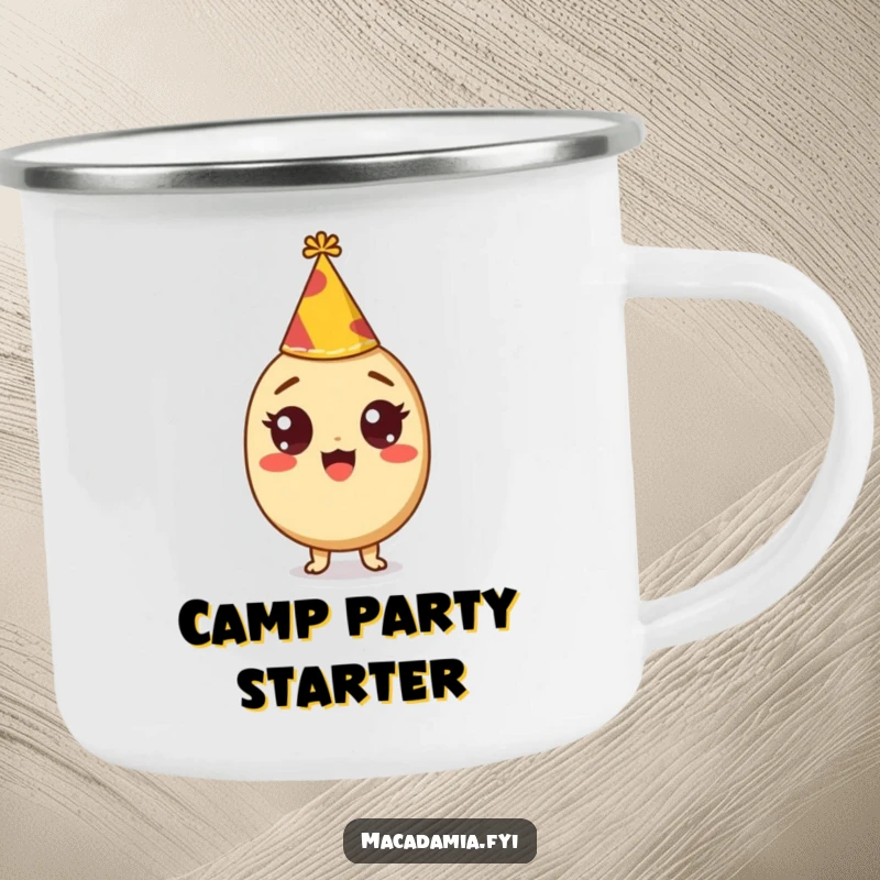 Funny camping mug featuring a macadamia nut character with wide, excited eyes wearing a tiny party hat, ideal for outdoor celebrations.