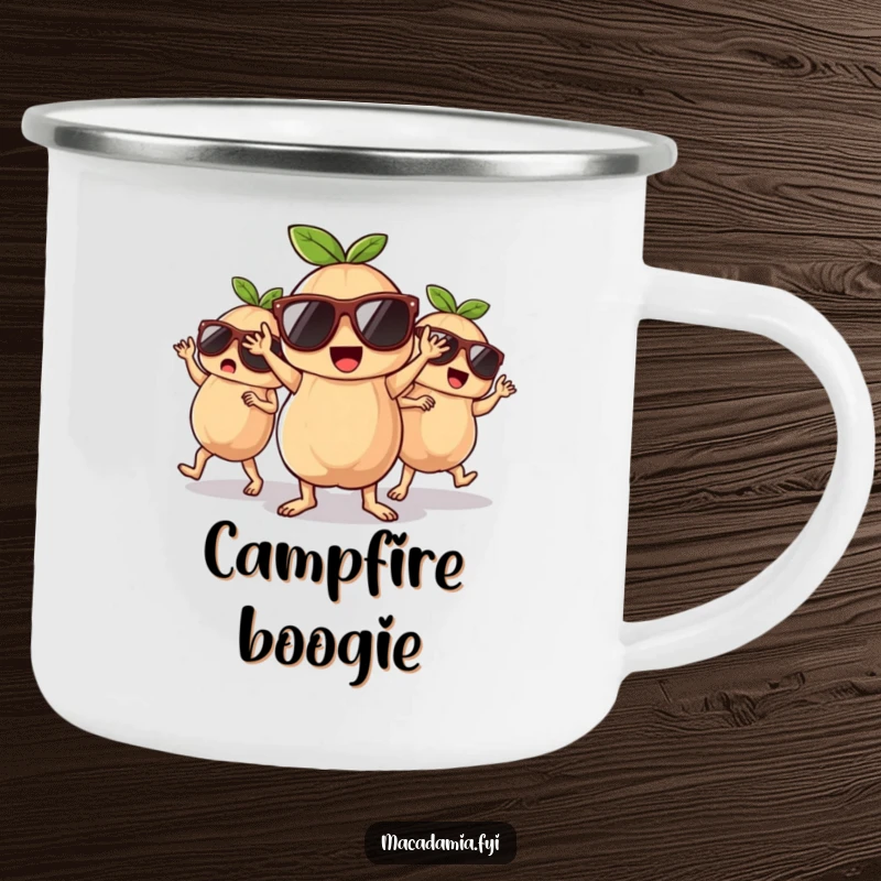 Funny macadamia nuts wearing sunglasses, dancing energetically, on a sturdy camping mug.