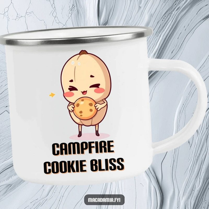 Funny Macadamia Nut character giving a mischievous wink while holding a delicious cookie mid-air, designed for humorous outdoor enjoyment.