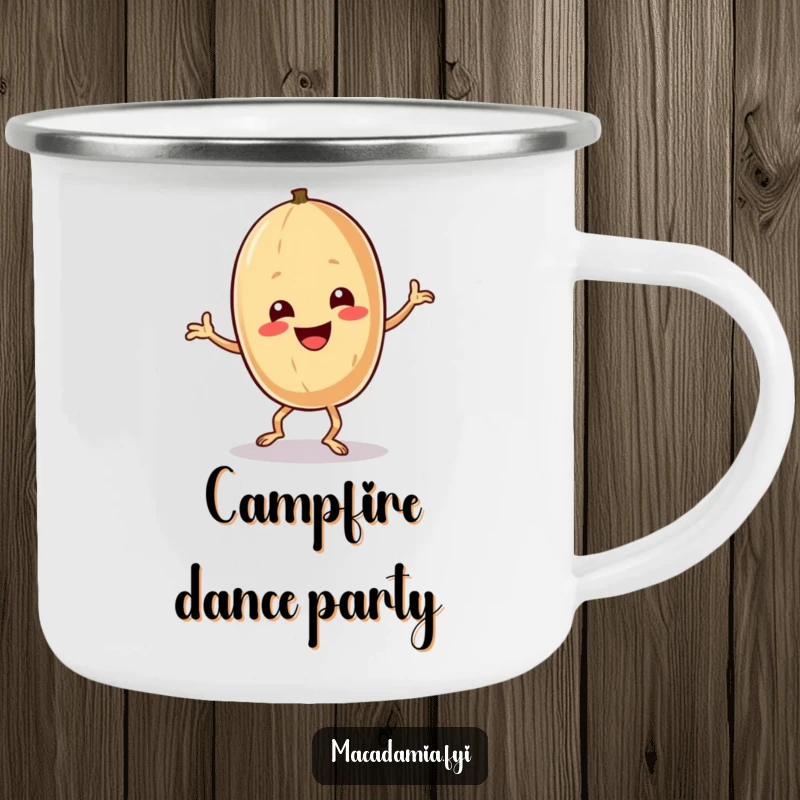 Funny macadamia nut character doing a silly, exaggerated dance on a durable camping mug.