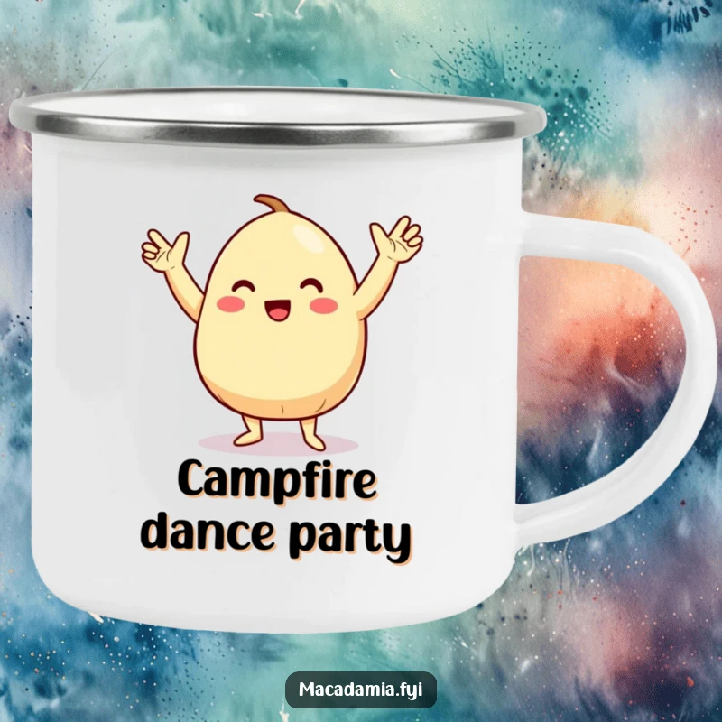 Funny enamel camping mug with a macadamia nut character doing a silly dance with arms in the air, for groovy outdoor fun.