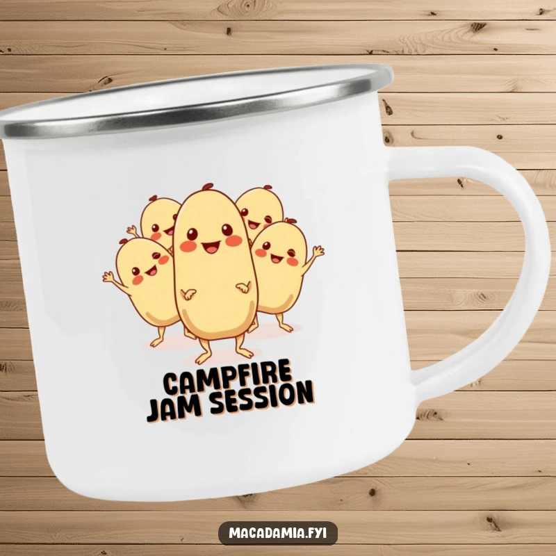 Funny Macadamia Nut Camping Mug: A group of cheerful macadamia nuts boogie with wiggling limbs, perfect for outdoor dance fun.