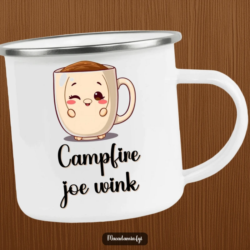 Funny enamel camping mug with a macadamia nut character peeking from behind a large coffee mug, winking for outdoor coffee breaks.