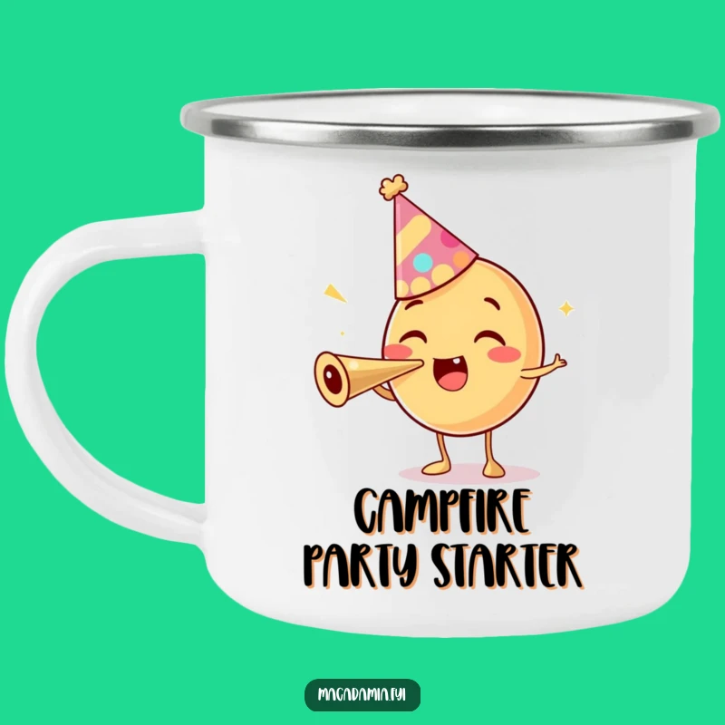Funny Macadamia Nut Party Hat Enamel Camping Mug: Celebrate Outdoors with Nutty Cheer
