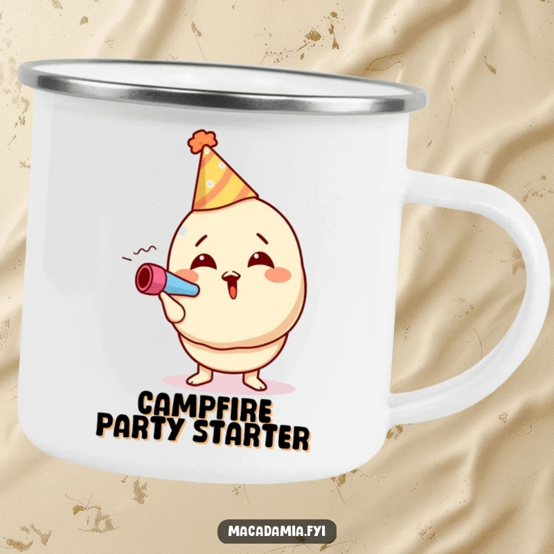 Funny macadamia nut camping mug showing a character in a party hat blowing a noisemaker, perfect for festive outdoor occasions.