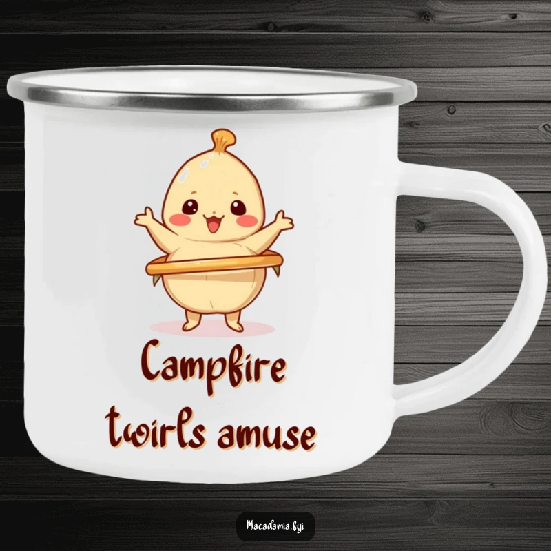 Funny enamel camping mug with a kawaii macadamia nut cheerfully spinning a hula hoop, perfect for outdoor lovers with an energetic and humorous side.