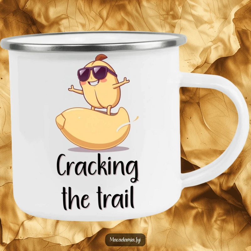 Funny Surfing Nut Camping Mug with a grinning macadamia nut in sunglasses surfing on a giant cashew nut, for outdoor fun.