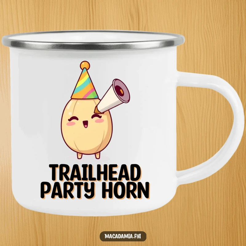 Funny macadamia nut in a party hat blowing a party horn, durable for camping adventures and bringing nutty cheer.