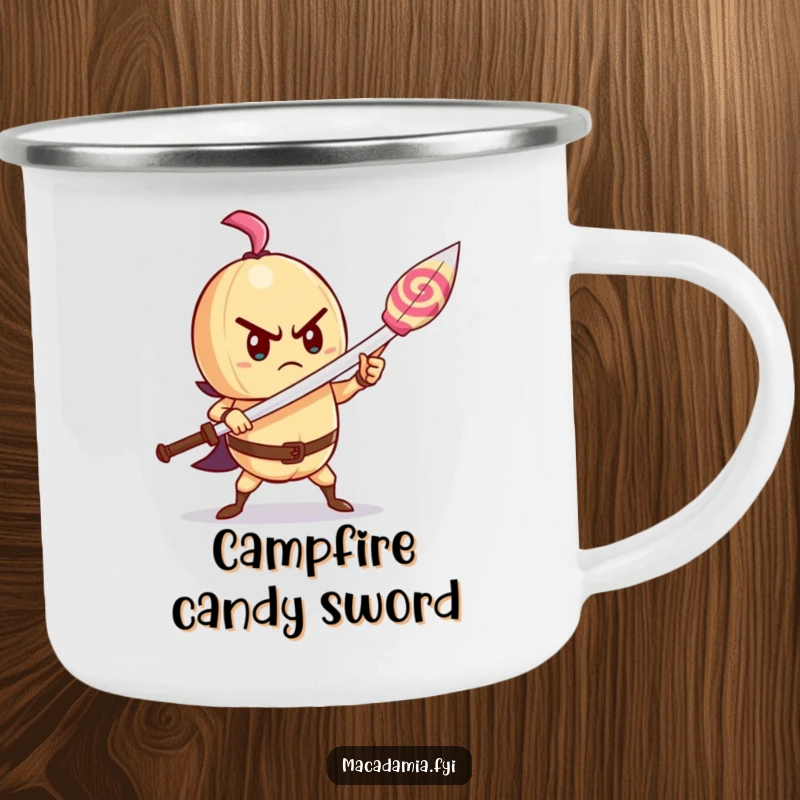 Funny macadamia nut camping mug showing a determined character wielding a lollipop as a sword, perfect for brave campers.