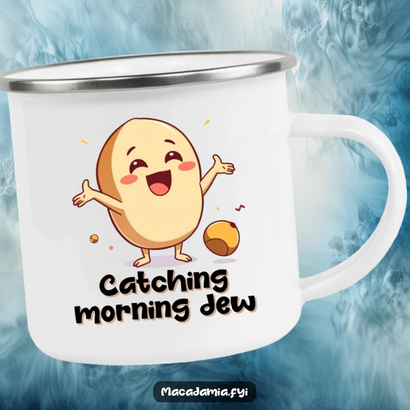 Funny Catch Nut Camping Mug showing an excited macadamia nut with arms outstretched, joyfully catching a falling nut, for outdoor enthusiasts.