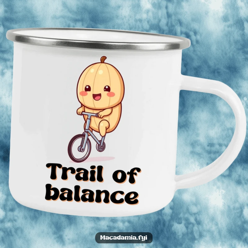 Funny kawaii macadamia nut riding a tiny unicycle with a big smile in this durable humorous camping mug.