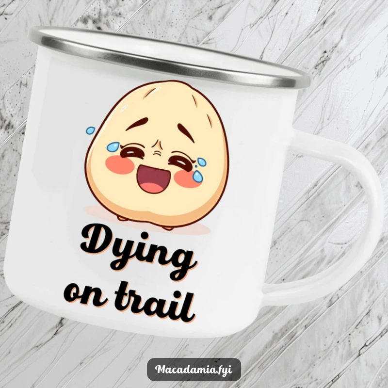 Funny camping mug showing a macadamia nut character crying tears of laughter, perfect for outdoor gatherings and bringing smiles.